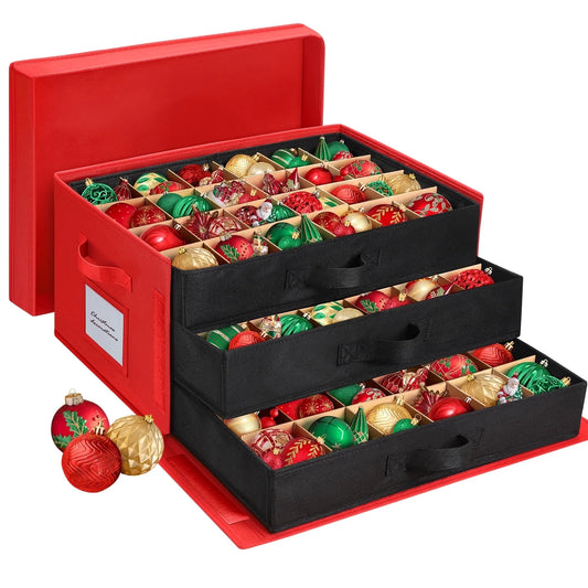 Premium Large Christmas Ornament Storage Box, Christmas Ornament Organizer, with Side Open, 3 Removable Trays -Keeps 72 Holiday Ornaments, Green